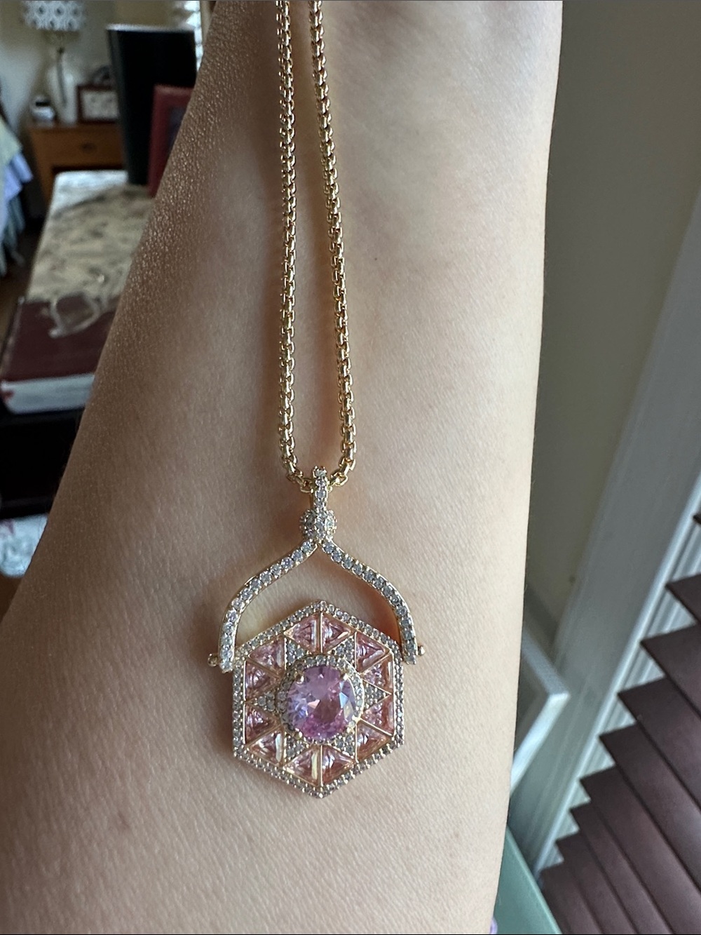 Elegant Pink Gemstone Hexagon Pendant Necklace - Gold Tone